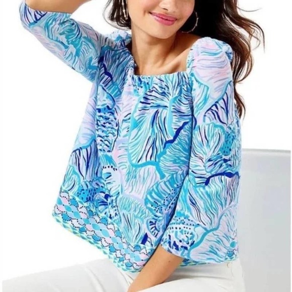 Lilly Pulitzer Fishful Thinking Lizzie Top In Bermuda Blue Size XS - Picture 1 of 9